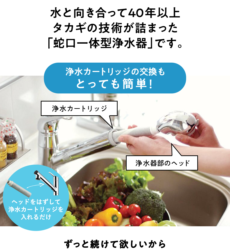 水と向き合って40年以上タカギの技術が詰まった「蛇口一体型浄水器」です。