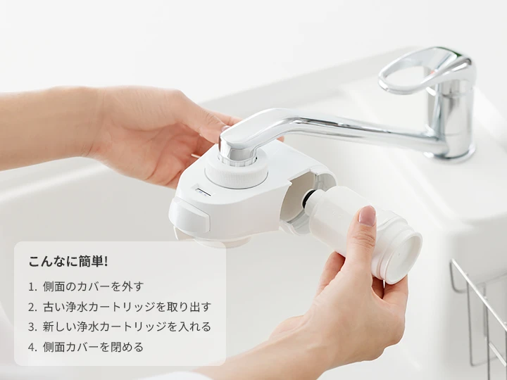 こんなに簡単！ 側面のカバーを外す 古い浄水カートリッジを取り出す 新しい浄水カートリッジを入れる 側面カバーを閉める